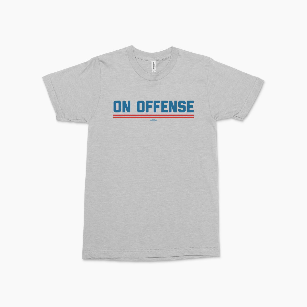 Gray short-sleeve tee with "ON OFFENSE" text in blue and orange underline across chest.