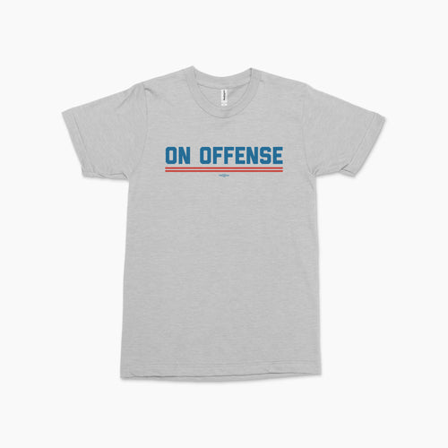 Gray short-sleeve tee with "ON OFFENSE" text in blue and orange underline across chest.