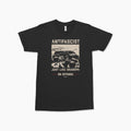 Black crew neck t-shirt with vintage-style beige print reading "ANTIFASCIST Just Like Grandpa On Offense" featuring a.