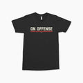 Black crew neck t-shirt with "ON OFFENSE" text and an orange underline across the chest.