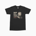 Black crew neck tee with beige text "War is a racket. It always has been." and a vintage portrait of USMC Major General Smedley Butler on the front.